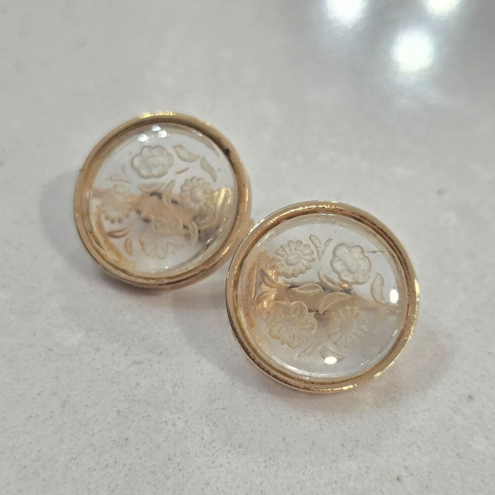 Vintage Floral Clear acrylic & Gold Tone Clip-On Earrings wedding bridal classy